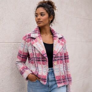 Anthro Maeve Aurelia Pink Plaid Sweater Jacket Wool Blend Coat